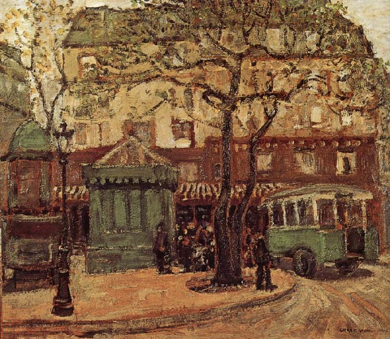 Greenish Bus in Street of Paris, Grant Wood